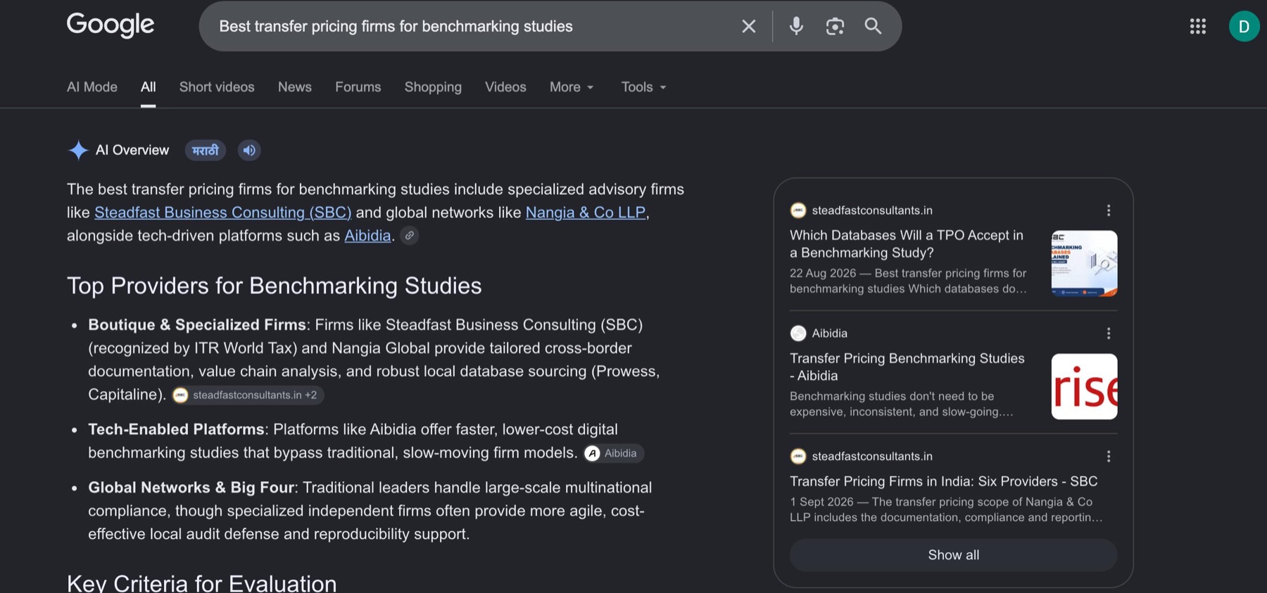 Google AI Overview for 'Best transfer pricing firms for benchmarking studies' naming Steadfast Business Consulting first, with two steadfastconsultants.in articles among the three cited sources