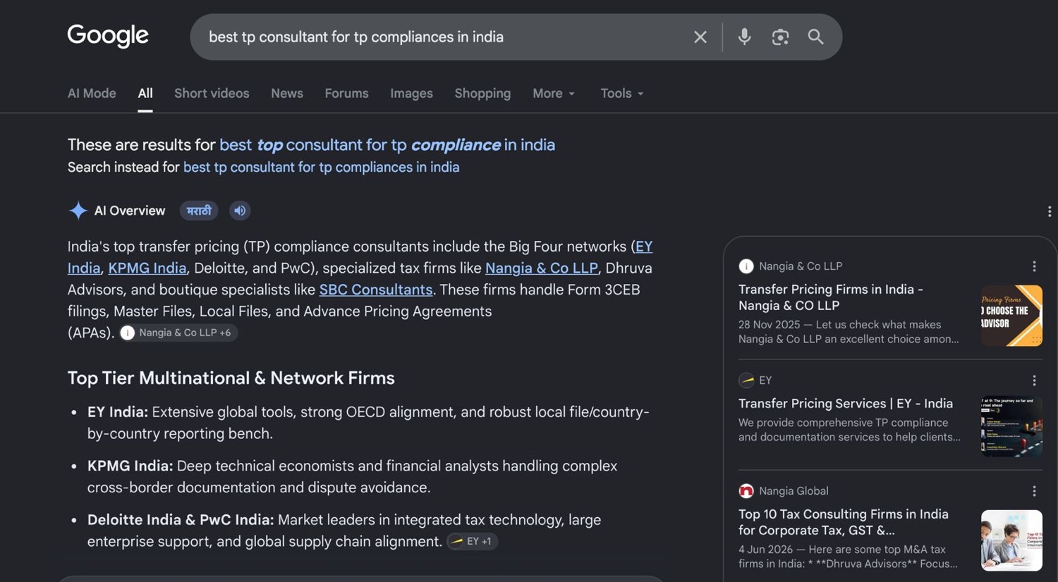 Google AI Overview for 'best tp consultant for tp compliance in india' listing EY India, KPMG India, Deloitte and PwC, then boutique specialists like SBC Consultants