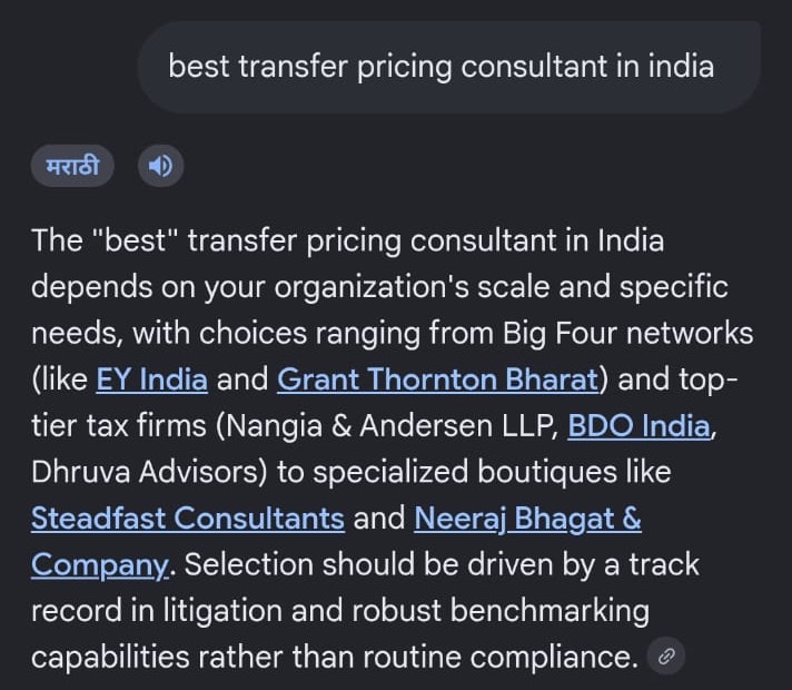 Google AI Overview on mobile for 'best transfer pricing consultant in india', naming Steadfast Consultants alongside EY India, Grant Thornton Bharat, Nangia & Andersen, BDO India and Dhruva Advisors